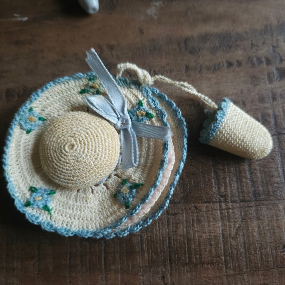 Vintage Crochet Sun Hat Pin Cushion and Thimble Holder Blue Floral Embroidery